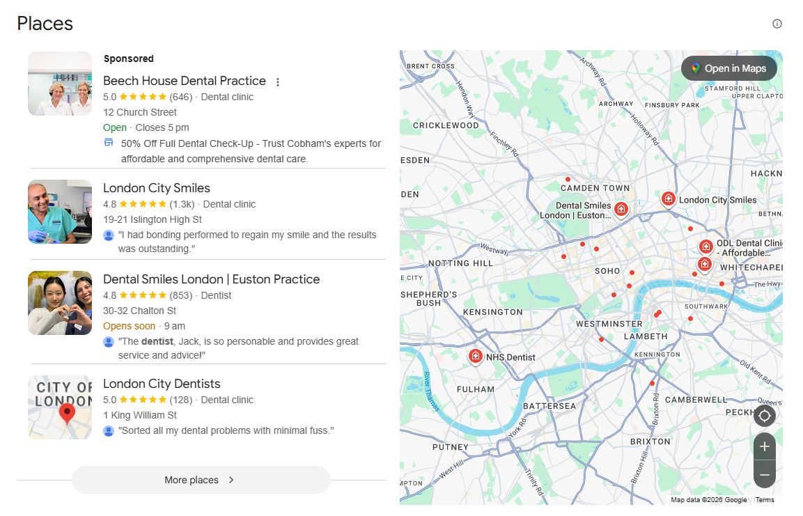 Improving Google Map rankings for dentsits 